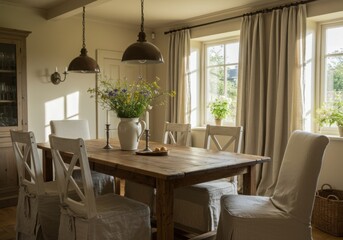 Cozy Cottage-Style Dining Room with Natural Light and Rustic Details