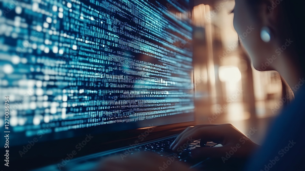Leinwandbilder Profile of a woman coding on a laptop with glowing data codes visible in the background : Generative AI