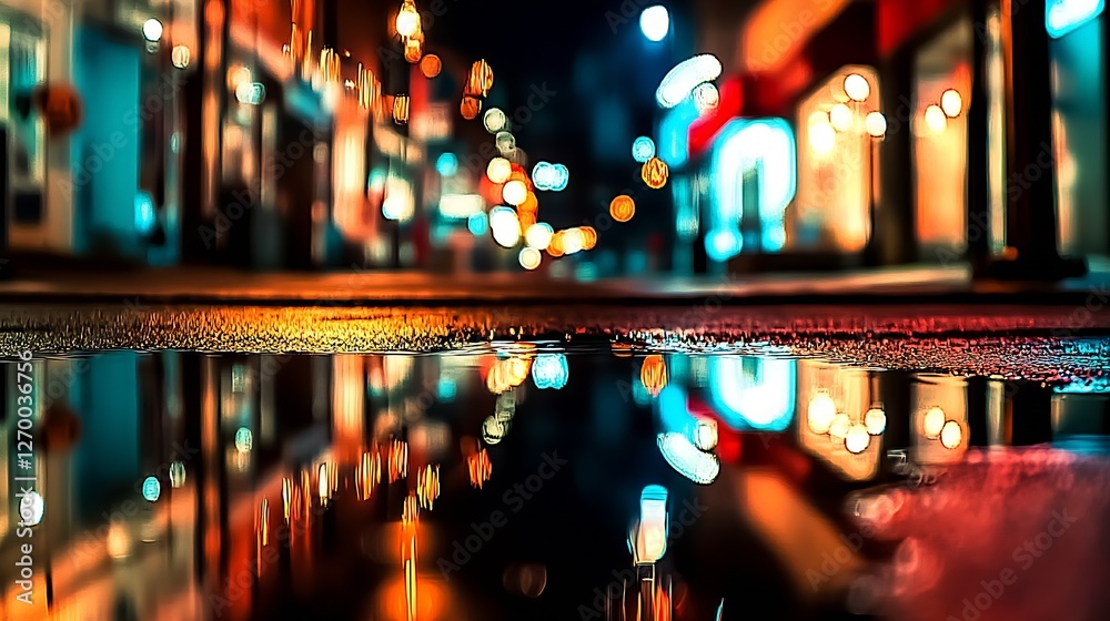 Poster Captivating reflections capturing the essence of nightlife on a city street after rain : Generative AI