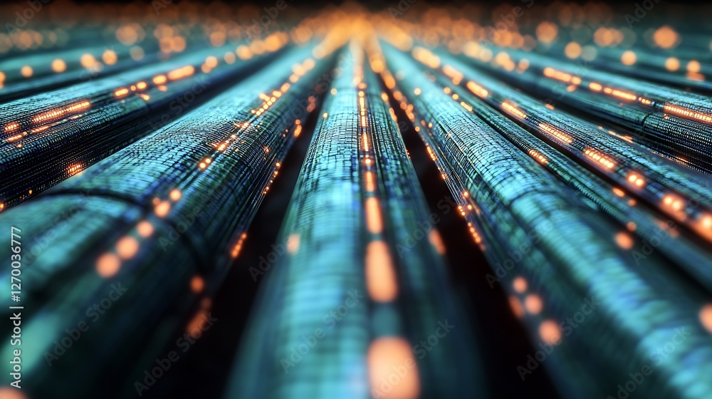 Poster Dynamic abstract background with lines of blue glowing data streams and lights creating a futuristic technology visual : Generative AI