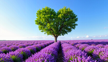 Fototapeta premium Heart-shaped tree in lavender field under clear blue sky