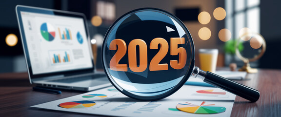 A magnifying glass focusing on the year 2025 amidst a business environment with charts and graphs, symbolizing vision, planning, forecasting, and business analysis for the future.