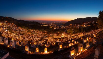 Obraz premium Generated image Render a panoramic view of a Polish city’s main cemetery filled with candles and people