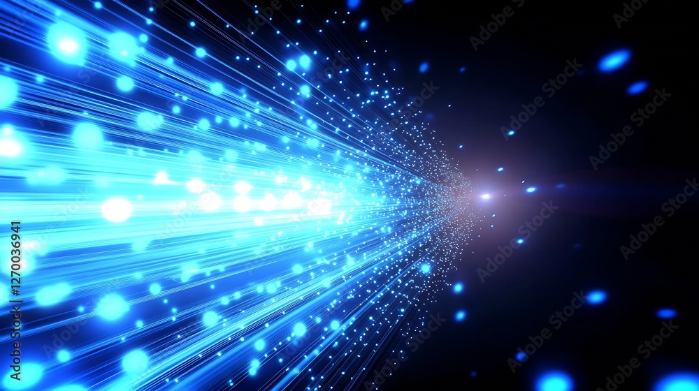 Poster Explosive burst of bright blue particles illustrating the speed of light and advanced scientific technology : Generative AI