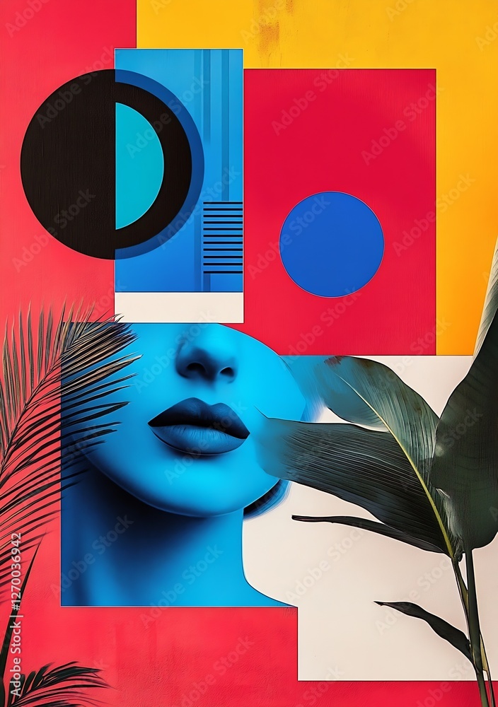 Aufkleber artistic close-up of a colorful face with bold geometric shapes surrounded by tropical leaves : gene