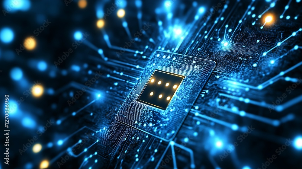 Aufkleber Close-up view of a microprocessor within luminous circuitry exhibiting advanced tech design : Generative AI