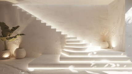 Obraz premium modern interior featuring minimalist staircase with soft lighting, surrounded by decorative plants and neutral tones, creating serene atmosphere