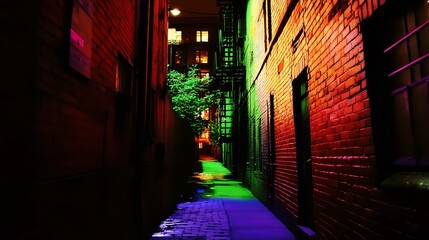 Dramatic neon-lit alley showcasing vibrant colors and reflections in an urban backdrop at night : Generative AI