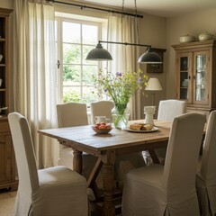 Cozy Cottage-Style Dining Room with Natural Light and Rustic Details