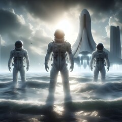 Explorers Encountering a Futuristic Spaceship
