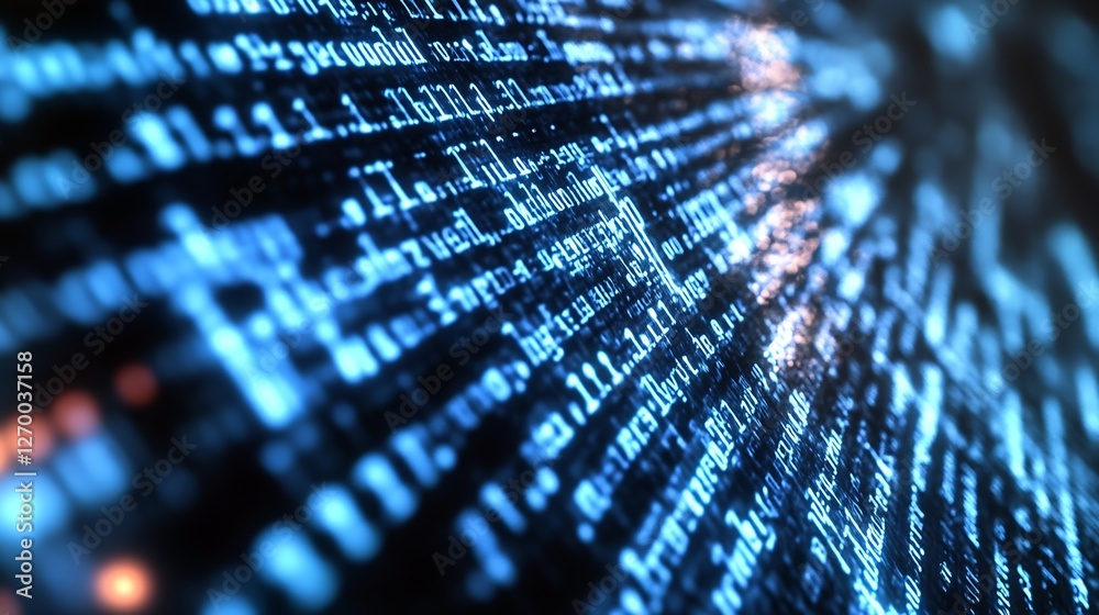 Poster Close Up View of Exchanging Data Stream with Bright Lights and Binary Code : Generative AI