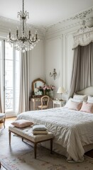 Elegant Parisian Bedroom with Classic Moldings and Soft Pastels