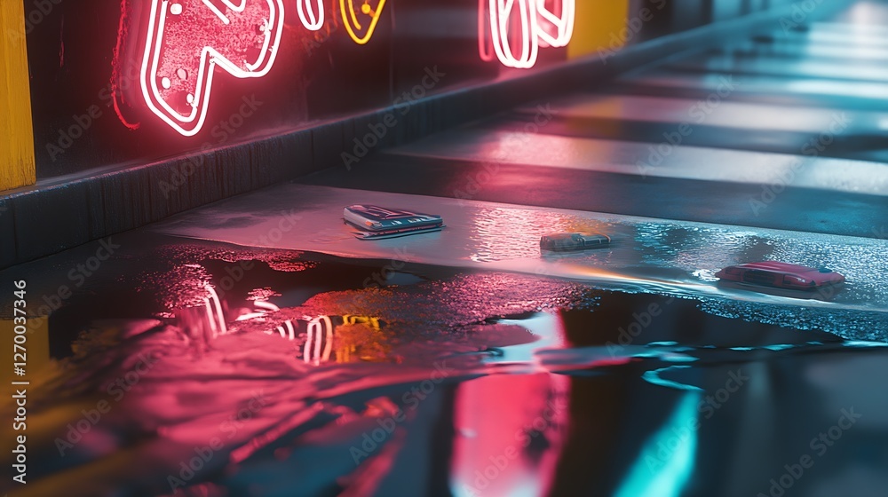 Fototapete Three colorful phone cases lying on a reflective surface in an illuminated urban environment : Generative AI