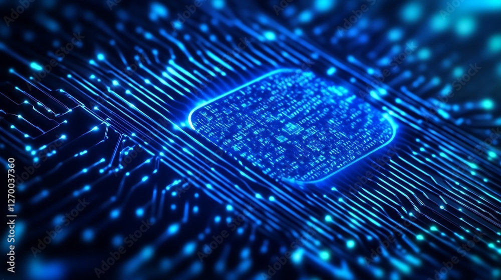Poster Futuristic blue light circuit board with glowing microchip inside technology background : Generative AI