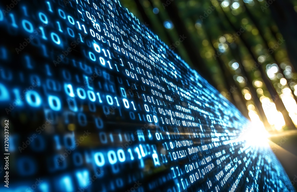 Poster An artistic representation of binary code flowing through a forest path illuminated by natural light : Generative AI