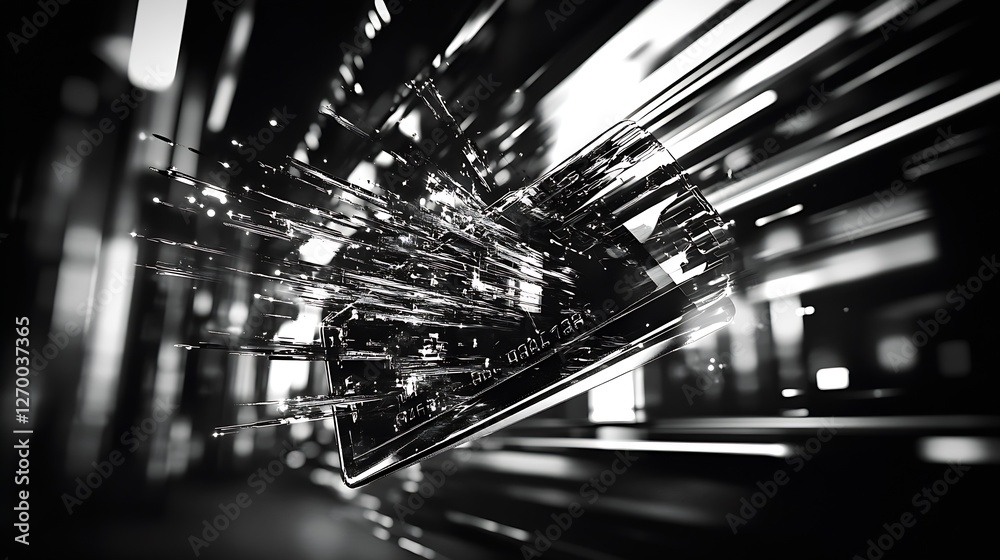 Poster explosive motion graphic showcasing a card amidst a high-speed digital city environment : generative