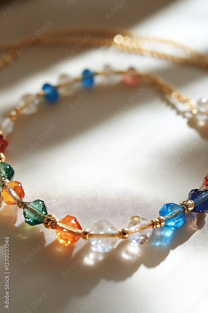 Poster Stylish necklace featuring vibrant beads arranged in a unique pattern glowing in soft light : Generative AI