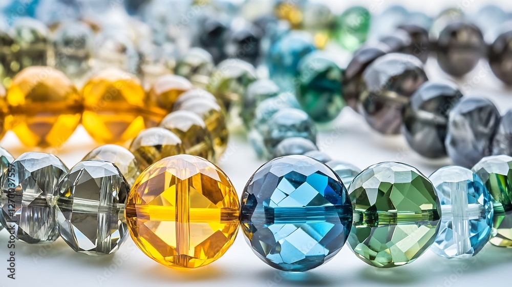 Poster close-up view of vibrant multifaceted gemstone beads showcasing their intricate shapes and colors : 