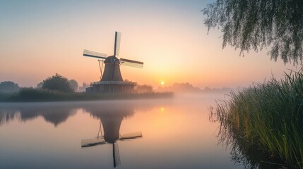sunrise at a dutch mill 