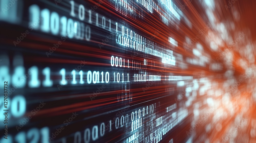 Aufkleber Abstract representation of digital data flow with glowing binary numbers in a fast-paced technological environment : Generative AI