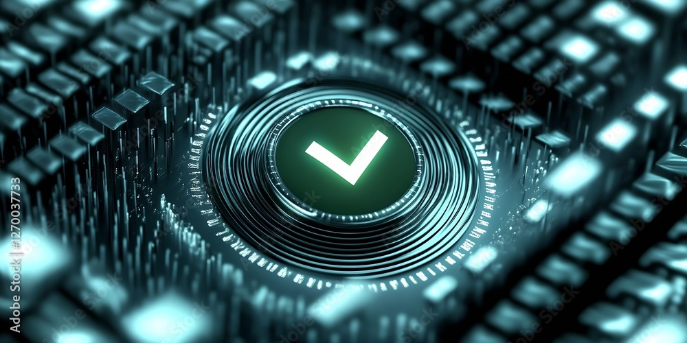 Poster Illuminated green check mark symbol integrated within detailed digital circuit background : Generative AI