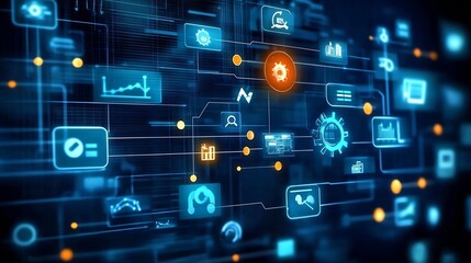 Futuristic digital workspace with glowing gears and interactive data elements for analytics and processing : Generative AI
