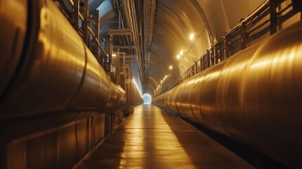 Obraz premium Industrial Pipeline Tunnel Interior with Metallic Pipes and Bright Light