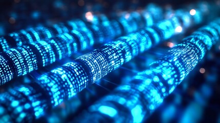 Closeup of glowing data lines revealing intricate binary code in a modern digital space : Generative AI