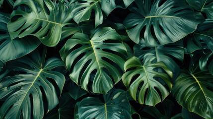 Fototapeta premium Lush green monstera leaves create vibrant tropical backdrop, showcasing their unique shapes and textures. This evokes sense of nature and tranquility