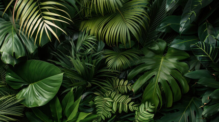 Lush green foliage creates vibrant tropical backdrop, showcasing various leaf shapes and textures. This dense arrangement evokes sense of tranquility and nature beauty