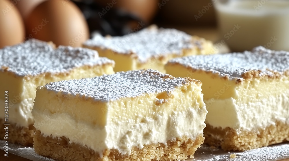 Poster sliced creamy dessert with crust and powdered sugar on top and baking utensils nearby : generative a