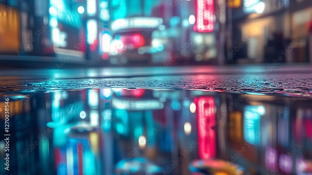 Leinwandbilder dynamic view of reflections on rainy pavement in neon urban scene : generative ai