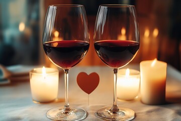 Fototapeta premium Elegant presentation of two red wine glasses with candles creating a romantic dining experience : Generative AI