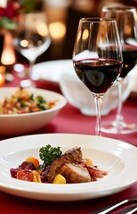 Succulent grilled meat dish immersed in fine dining experience with delicious red wine on elegantly set table : Generative AI