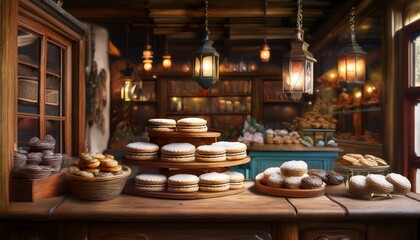 Generated image Rustic Argentinian bakery with alfajores displayed on a wooden counter and traditional d&eacute;cor
