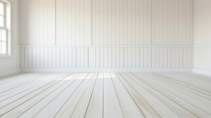 Bright and airy empty room with white wooden walls and floor, perfect for design inspiration. Natural light enhances spacious feel