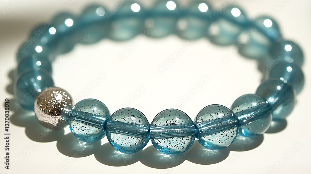 Poster stunning close-up of a shimmering blue beaded bracelet with a sparkling metallic accent : generative
