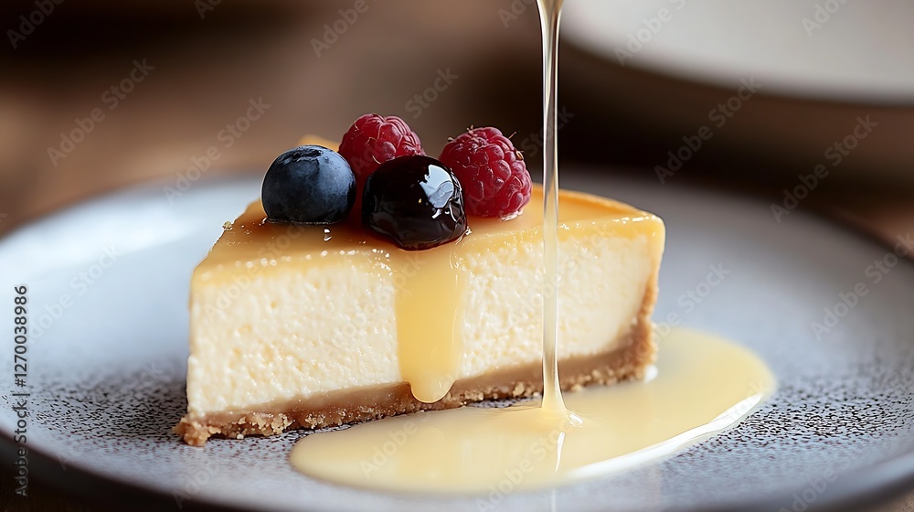 Poster delicious slice of creamy cheesecake topped with fresh berries and golden sauce on a rustic plate : 