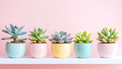 Obraz premium Colorful succulent collection in vibrant pots against pink background