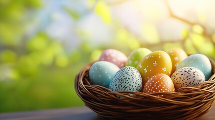 Colorful, decorated easter eggs in wicker basket on spring background, with copy space