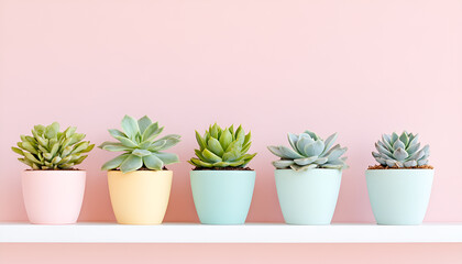 Fototapeta premium Colorful succulent collection in vibrant pots against pink background