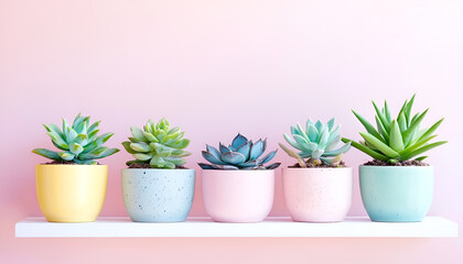 Fototapeta premium Colorful succulent collection in vibrant pots against pink background