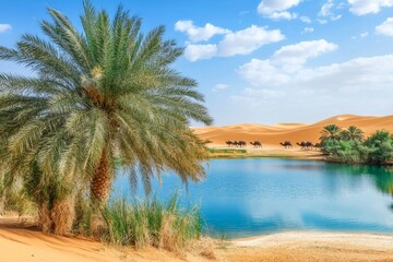 Oasis Serenity: Camels and Palm Trees Reflecting in a Desert Lake