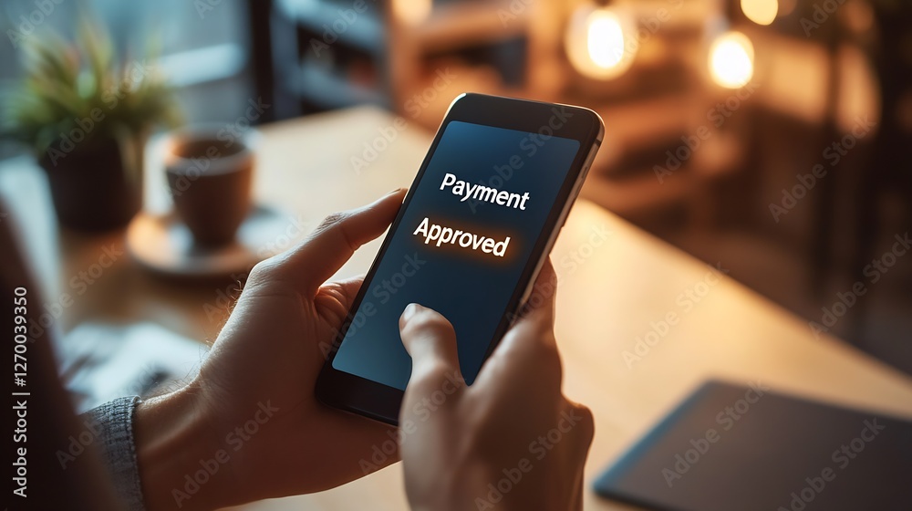 Poster two hands holding a smartphone showing payment approved message at a coffee shop : generative ai