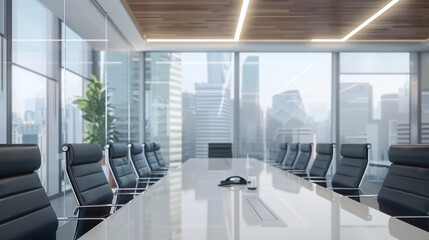 Modern conference room with sleek design and city view