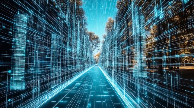 Glowing path through futuristic forest blending technology and nature in harmony : Generative AI