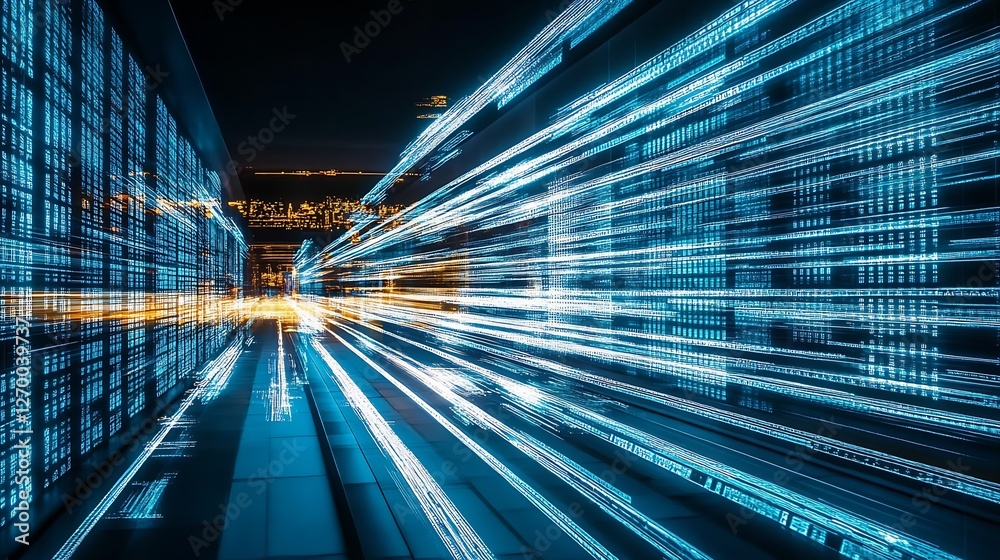 Aufkleber dynamic glowing data streams over urban landscape showcasing technology and innovation at night : ge