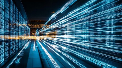 Dynamic glowing data streams over urban landscape showcasing technology and innovation at night : Generative AI