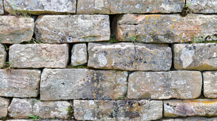 Naklejka premium weathered stone wall with moss and lichen, showcasing various textures and colors. stones are irregularly shaped, creating rustic appearance