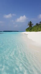 Fototapeta premium Serene Tropical Island Beach: Azure Waters, White Sand, and Palm Trees